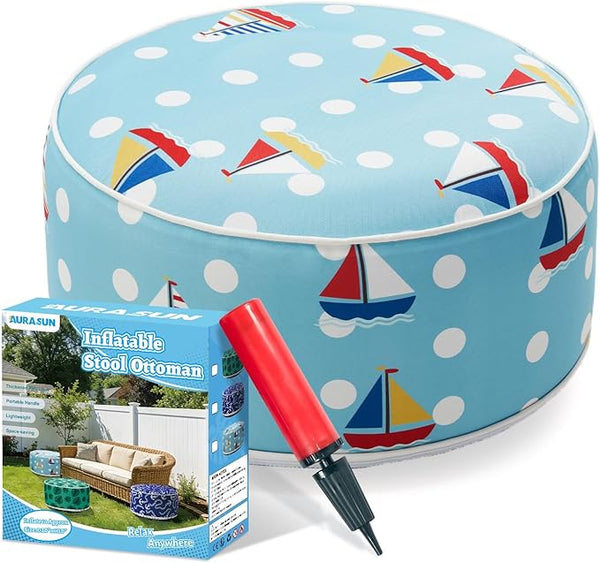 AURASUN Inflatable Patio Ottoman Pouf - Portable Stool with Handle D20” x H10” - Air Pump Included for Outdoor Indoor - Photo 1