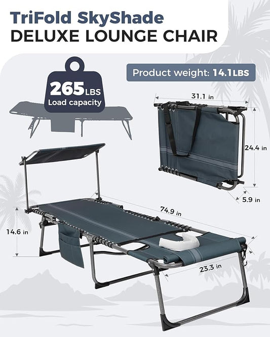 KingCamp Tanning Chair with Face Hole, Lounge Chairs Outdoor Folding Comfy Adjustable 5-Position Foldable Chaise Chaser with Canopy Shade for Outside Beach Patio, Blue/Grey