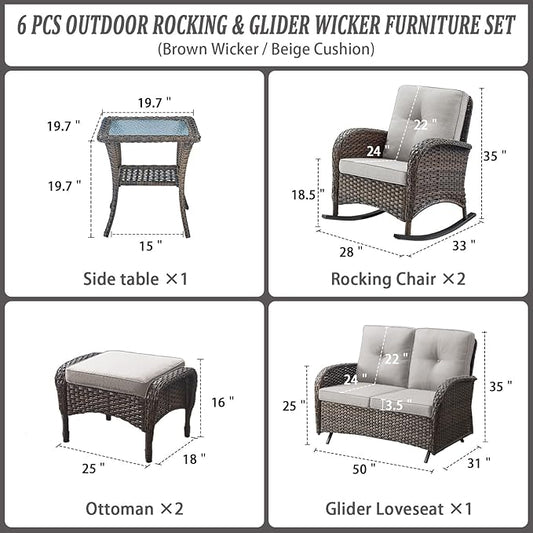 Belord 6 Pieces Outdoor Patio Furniture Set with Wicker Rocking Chairs, Rattan Patio Conversation Set with Glider Loveseat Ottomans and Side Table Brown/Beige