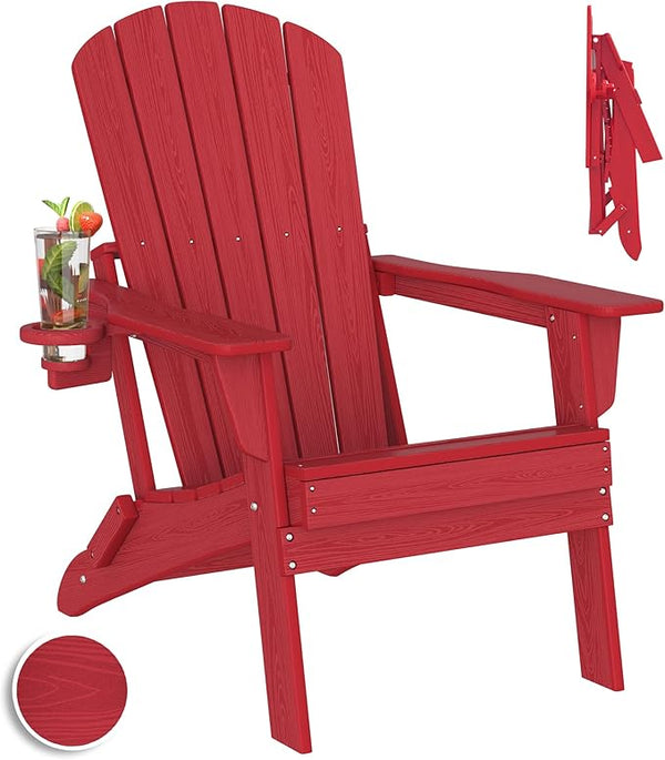 Plawdlik Folding Adirondack Chair, SGS Tested, Wooden Textured with Cup Holder - Photo 1