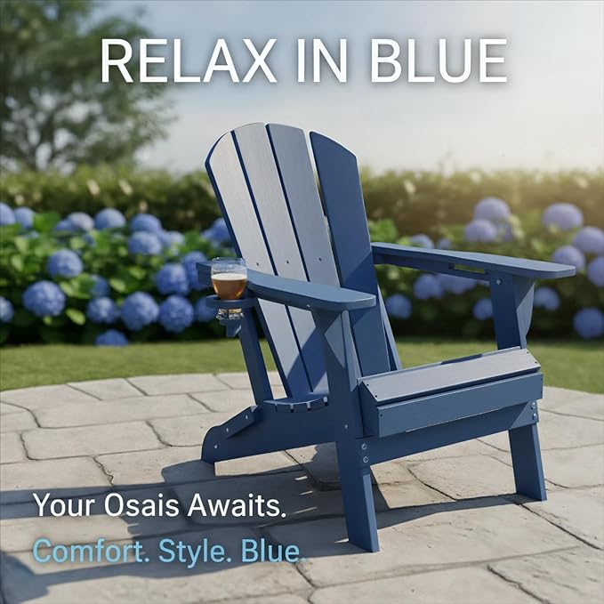 GLANC Folding Adirondack Chair Set of 2, HDPE All-Weather Outdoor Patio Fire Pit Chairs Lawn Chair for Poolside Backyard Deck Balcony, Wooden Textured with Cup Holder, 380LBS Capacity (Navy Blue)