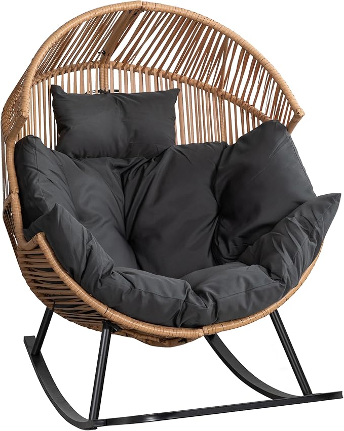 Shintenchi Wicker Egg Chair,Outdoor Indoor Rocking Chair,Large PE Rattan Rocking Chair with Cushion for Patio, Balcony, Backyard, Garden,Deep Grey