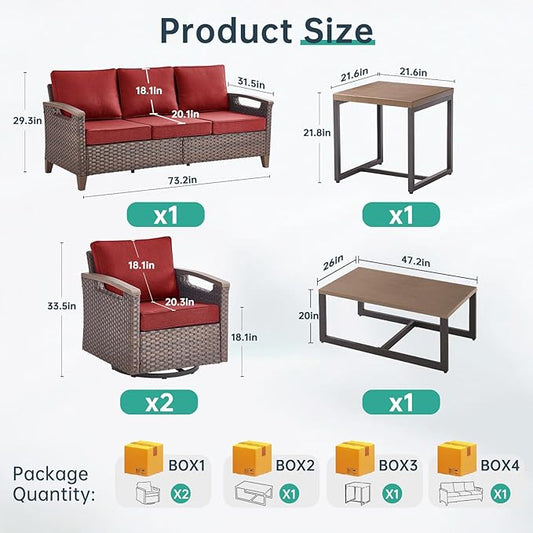 Luxury 5 Piece Heavy Duty Patio Furniture Set with Swivel Chairs - All Weather Wicker Comfort Thick Cushion Outdoor Conversation Set with Sofa & Coffee Table for Porch Poolside Deck - Red