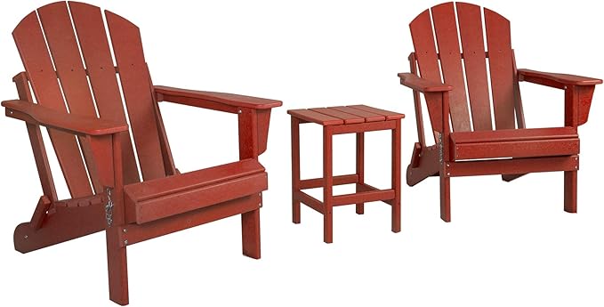 WestinTrends Malibu 3-Pieces Adirondack Chairs Set with Side Table, All Weather Outdoor Seating Plastic Patio Lawn Chair Folding for Outside Porch Deck Backyard, Red