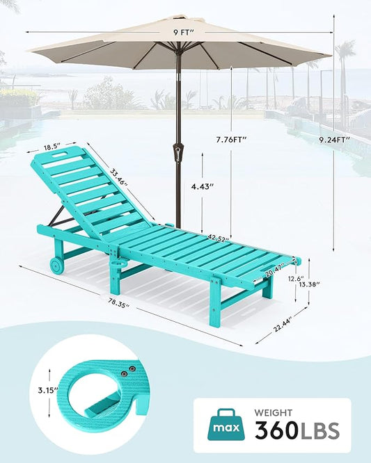 SERWALL Outdoor Chaise Lounge Set of 2 with 9FT Umbrella, HDPE Pool Lounge Chair with 5-Position Adjustable Backrest, Patio Lounger with Rolling Wheels & Cup Holder for Pool, Aruba