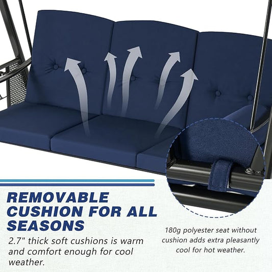 AECOJOY Outdoor Porch Swing with Cover, 3-Seat Patio Swings with Adjustable Canopy, Outside Swing for Adult with Dark Blue Removable Cushions for Backyard, Garden, Yard, Poolside, Balcony