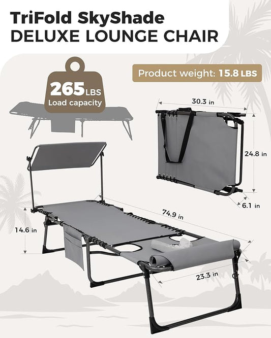 KingCamp 2 Pack Tanning Chair with Face Hole, Lounge Chairs Outdoor Folding Portable Comfy Adjustable 5-Position Foldable Chaise Chaser with Canopy Shade for Outside Beach, Grey