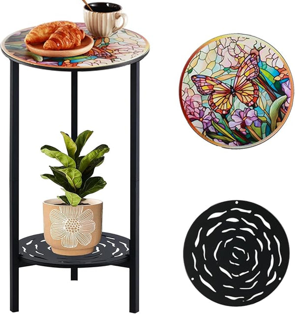 2-Tier Metal Round Side Table Black Accent Coffee Tables Small Space Corner Plant Stand Shelf for Indoor Outdoor Use - Photo 1