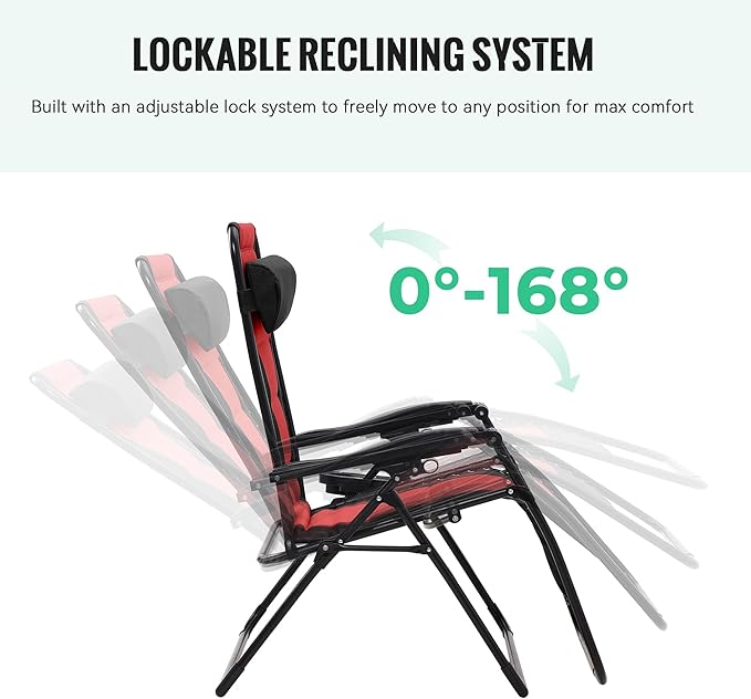 JEAREY Oversized Padded Zero Gravity Chairs Set of 2, Folding Lounge Chair Outdoor Patio Recliner, Anti Gravity Chair for Backyard with Headrest, Cup Holder, Side Tray, Polyester Mesh - Black/Red