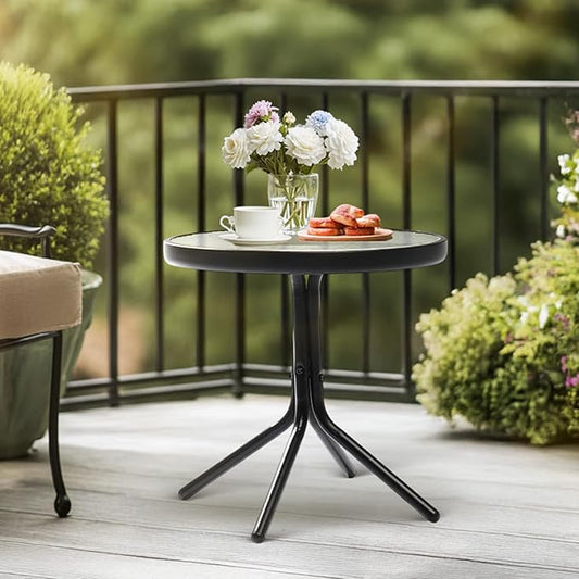 VINGLI Outdoor Side Table, 18" Patio Table Steel Frame Tempered Glass Top, Weatherproof Small Tables for Balcony Garden Poolside (Black, Round)