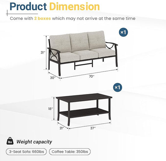 RoyalCraft 3 Seats Outdoor Patio Furniture Set, Outdoor Metal Sectional Furniture with Cushions, Outdoor Conversation Set with Coffee Table for Balcony, Backyard, Garden, Deck, Beige