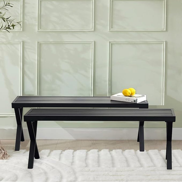 Outdoor Metal Backless Bench Set of 2, Weatherproof Patio Bench with Slatted Seat, X-Shaped Legs, All-Weather Garden Bench for Porch, Patio, Lawn and Backyard, Black