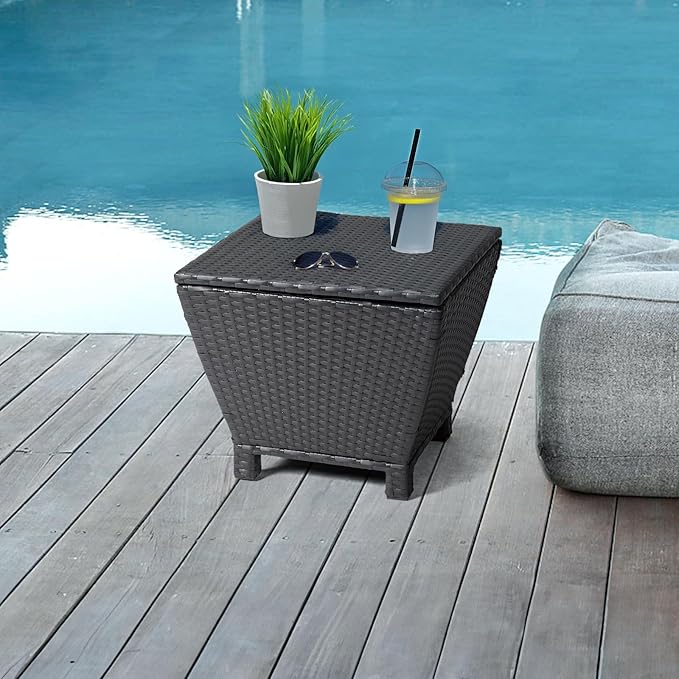 VINGLI Outdoor Side Table with Storage, 13-Gallon Patio Deck Box Outdoor Wicker Side Table for Poolside Balcony Storage Table (Black, Trapezoid)