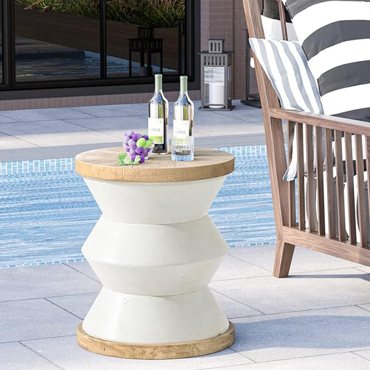 HOMPUS Unique Outdoor Concrete Side Table Set of 2, Modern Vintage MgO Patio End Table Set, 2 Piece Lightweight Functional Small Accent Table for Indoor Outdoor Use, Garden, Deck, Poolside