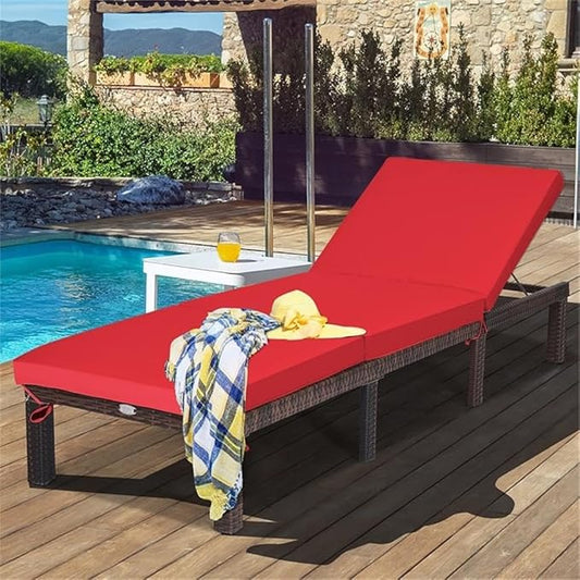 Pemberly Row Outdoor Lounge Chair, Steel and PE Rattan, Adjustable Reclining, Removable Cushion, Red, 77.5 x 26 Inch, Weather-Resistant Patio Furniture for Porch, Poolside, or Seaside Relaxation