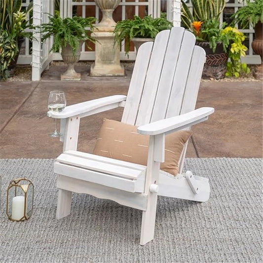Pemberly Row Outdoor Acacia Wood Adirondack Chair, White Wash Finish, 38 x 22 x 29 in, Classic Design with Wine Glass Holder, Durable Patio Seating for Backyard, Deck, or Garden