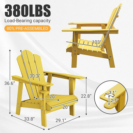 PROHIKER Adirondack Chair Set of 2, HDPE Outdoor Patio Chair with Cup Holder All Weather Outdoor Chairs for Lawn Garden Porch Backyard, Plastic, Yellow