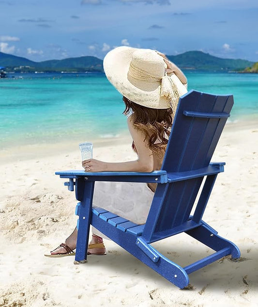 Adirondack Chair Oversized Folding Adirondack Chairs Recyclable HDPE Modern Adirondack Chair with Cup Holder Poly Lumber Patio Chairs for Pool Patio Garden Outdoors Fire Pit Blue