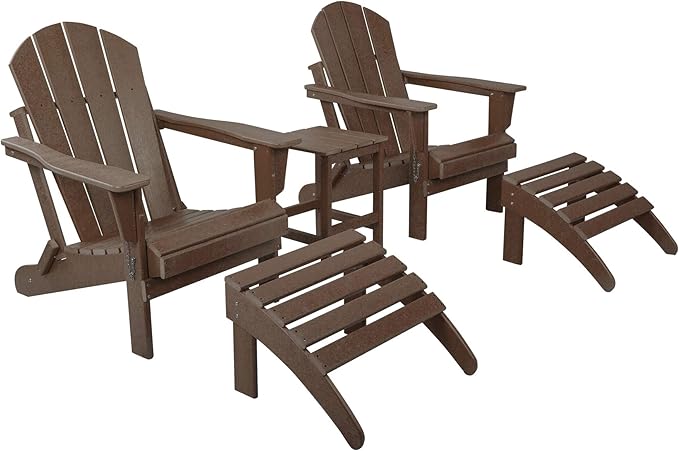 WestinTrends Malibu Outdoor Lounge Chairs Set, 5-Pieces Adirondack Chair Set of 2 with Ottoman and Side Table, All Weather Poly Lumber Patio Lawn Folding Chair for Outside, Dark Brown