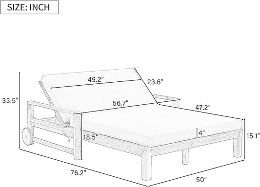 Merax Acacia Wood Outdoor Patio Daybed Sunbed with Movable Wheels, All Weather Chaise Lounges Reclining Chairs, 2 People Seating for Poolside Garden Backyard, Grey