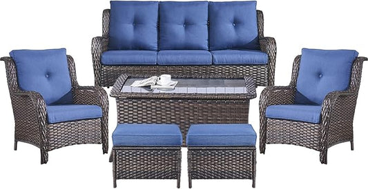 Belord Patio Wicker Sofa Set 6 Pieces Patio Furniture Set Outdoor Couch, 2 Patio Wicker Chairs with 1 Sofa, Coffee Table and Ottomans, Patio Conversation Set for Porch Garden Deck Balcony Poolside
