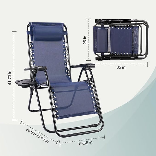 NEWBULIG Zero Gravity Chair Set of 4, Lounge Chair Folding Portable Adjustable Camping Reclining Chairs with Adjustable Pollow, Mesh Back, Cup Holder Trays Lawn Patio Chair for Pool Beach - Blue
