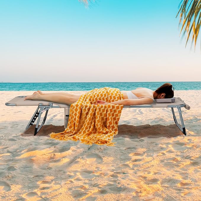 Goplus Tanning Chair, Folding Outdoor Beach Lounge Chair with Face & Arm Hole, Carrying Strap, Pillow, Side Pocket, 5-Position Adjustable Chaise Lounge Chair Sunbathing Chair for Lawn Pool, 330 LBS