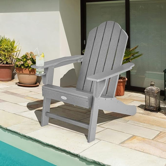 Tangkula Adirondack Chair Outdoor, Fade Resistant HDPE Armchairs with Cup Holder, Weather Resistant Lounger Chairs for Patio Garden Backyard Deck, Lawn Porch Seating, Adirondack Lounger (4, Grey)