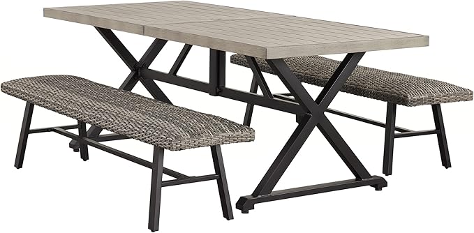 Ulax furniture Outdoor Dining Set Umbrella Hole, Patio Furniture Table Chair with 1 Rectangular Table and 2 Wicker Benches, All-Weather Resistant Outdoor Dining Set