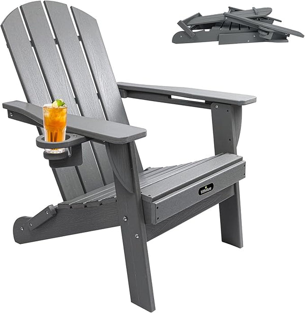 Folding Adirondack Chair, All-Weather HDPE Patio Chair with Cup Holder - Photo 1