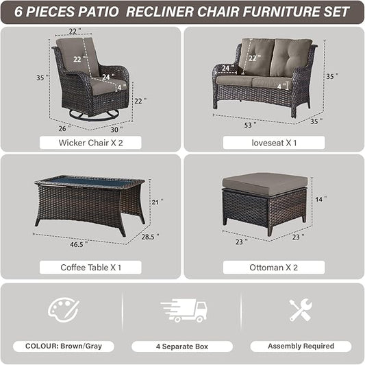 Belord 6 Piece Wicker Patio Furniture Set, Outdoor Swivel Rocker Chairs Set of 2 with Ottomans and Loveseat, All Weather Patio Conversation Furniture Set, for Pool,Yard,SunroomBrown Wicker/Gray