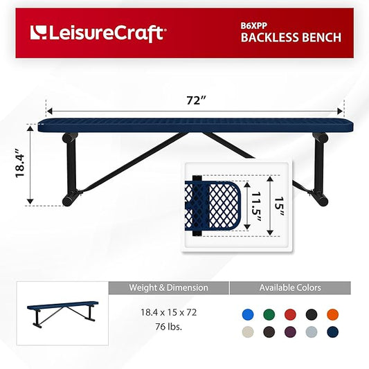 Leisure Craft Metal Outdoor Bench - 6 Foot Heavy Duty Backless Bench Seating for Garden, Porch, Picnic, Park, Expanded Metal, Thermoplastic Coating, Commercial Grade Furniture Made in USA - Navy