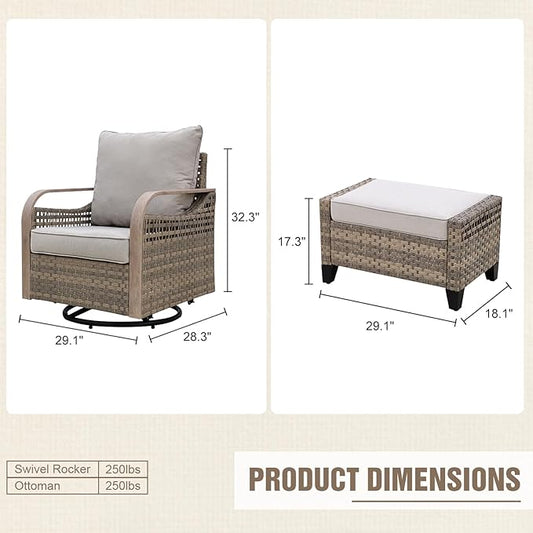 Modern Wicker Outdoor Swivel Rocking Chairs, Rattan Glider Rocker Patio Furniture for Backyard, Deck, Porch, Garden, 2 Chairs 2 Ottomans, Brown/Gray