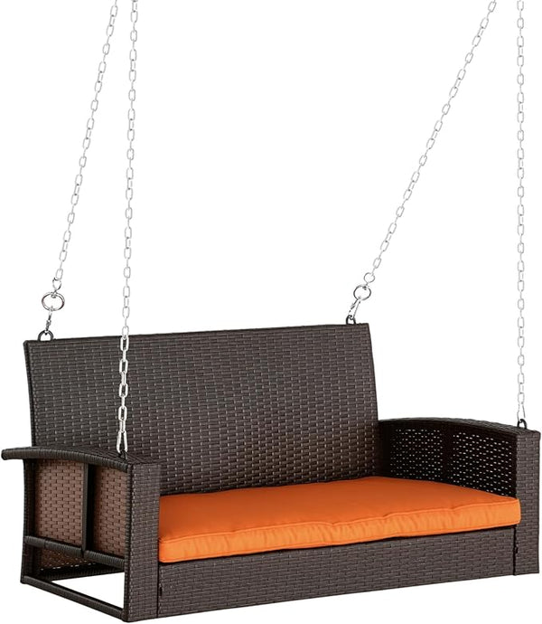 Outsunny 2 Person Wicker Hanging Swing Bench, Front Porch Swing Outdoor Chair with Cushions 550 lbs. Weight Capacity for Backyard, Garden, Orange
