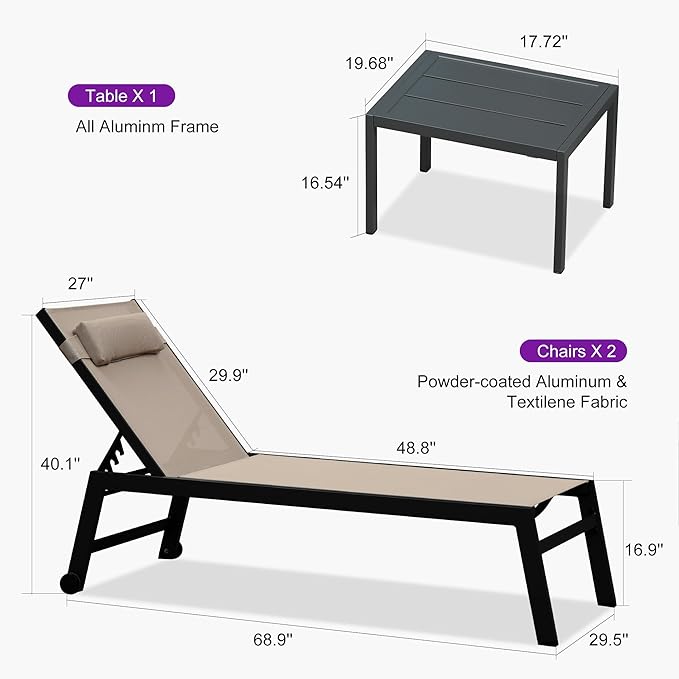 PURPLE LEAF Outdoor Oversized Lounge Chair Set Patio Chaise Pool Lounger Aluminum Frame with 2 Side Table and Wheels for Outside Sunbathing Tanning Recliner Including Pillows Beige