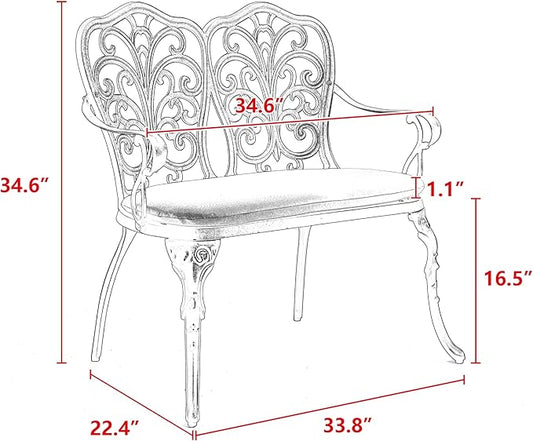 Patio Garden Bench Metal Park Bench Cast Aluminum Outdoor Furniture with Floral Rose for Patio,Park,Lawn,Yard with Cushion White