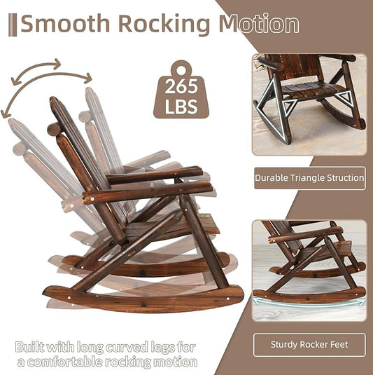 4-Piece Outdoor Wood Rocking Bistro Set, Rustic Wooden Conversation Set Including 2-Seater Loveseat, 2 Coffee Table, Log Rocker Chair, Patio Furniture Chair Set for Lawn Yard, Carbonized