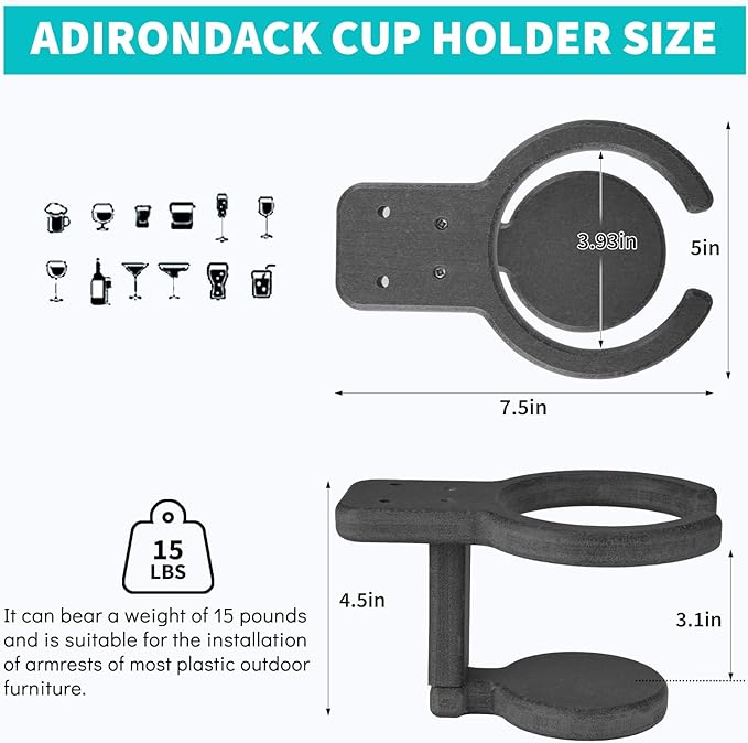 Universal Poly Cup Holder for Adirondack Chairs – Weatherproof, Durable Drink Holder for Resin or Plastic Outdoor Furniture – Easy to Install, Sturdy, Grey