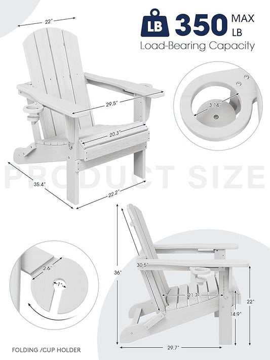KINGYES Folding Adirondack Chair with Dual Cup Holders - HDPE All-Weather Outdoor Chairs, Wood-Like Patio Chair for Backyard, Camping, Pool & Fire Pit, White