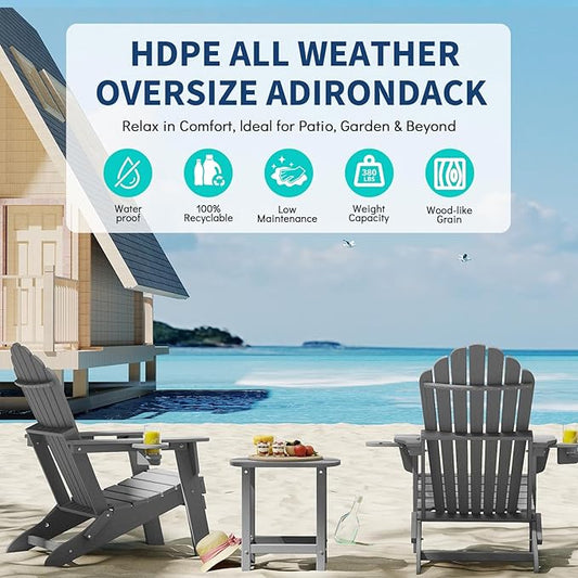 Plawdlik 2026 Upgraded Oversized Folding Adirondack Chair, Set of 4,380 lbs Heavy Duty Fire Pit Chair with 37.8" Extra High Back & Dual Cup Holders, All-Weather HDPE Lounge Chair for Outdoor-Gray