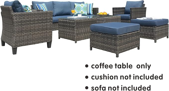 ovios Outdoor Patio Coffee Table with Tempered Glass Top Wicker Side Tables for Garden Porch Yard Deck Balcony, Grey Rattan
