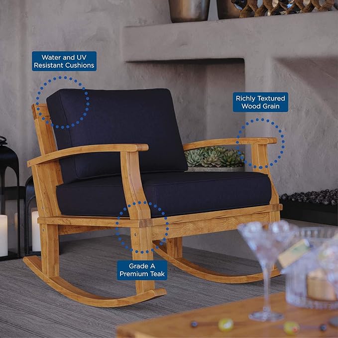 Modway Marina Outdoor Patio Teak Rocking Chair in Natural Navy
