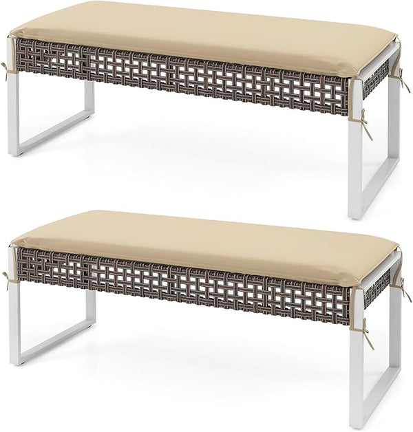 HAPPYGRILL Patio Rattan Loveseat Bench Ottoman, 43 Inch Outdoor Seat with Metal Legs & Seat Cushion, Wicker Footstool Seating Furniture for Backyard, Poolside, Front Porch (2)