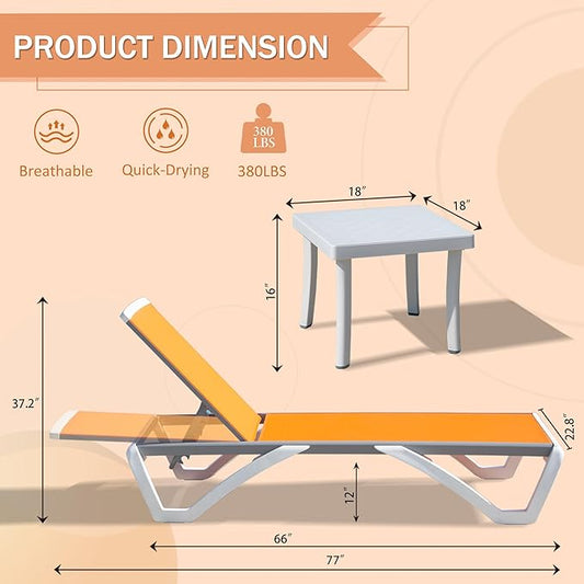Domi Outdoor Chaise Lounges, Adjustable Aluminum Patio Lounges, Plastic Pool Lounge Chairs and Side Table for Deck Lawn Backyard(2 Orange Chairs W/Table)