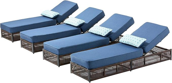 Luxury Outdoor Chaise Lounges with 5 Inch Thickened Cushions - Set of 4 High Back Brown Wicker Patio Recliners Rattan - Photo 1