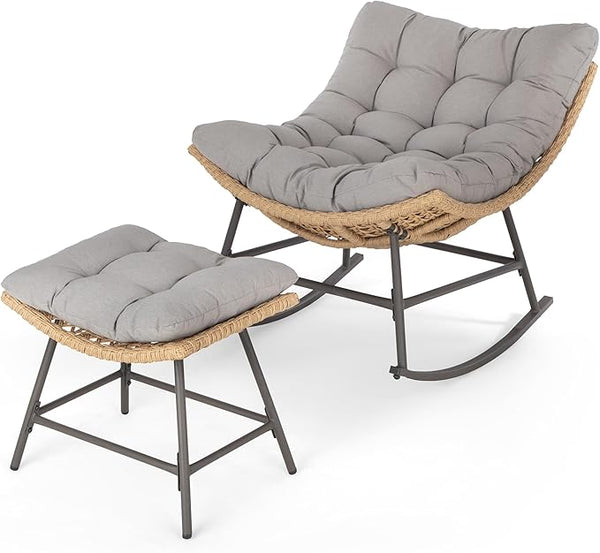 MFSTUDIO Outdoor Papasan Rocking Chair with Ottoman, Wicker Rattan Egg Papasan Rocking Chair - Photo 1