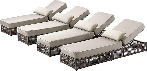 Luxury Outdoor Chaise Lounges with 5 Inch Thickened Cushions - Set of 4 High Back Brown Wicker Patio Recliners Rattan - Photo 1