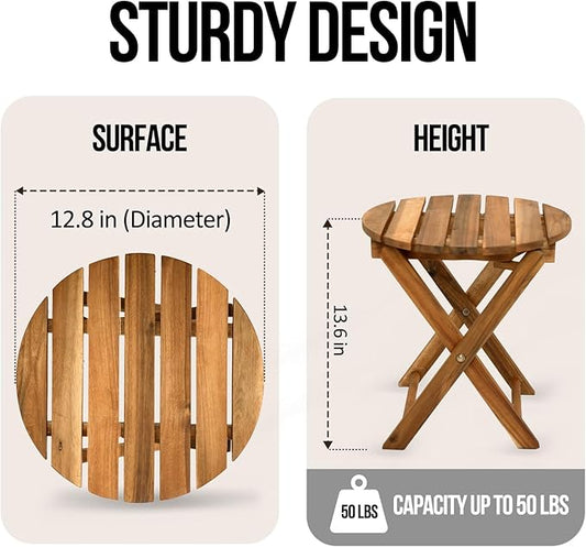 Pack of 2 Small Folding Table, Portable Acacia Wood Side Table for Patio, Porch, Balcony, Indoor Plant Stand, Natural, 13 inches Height