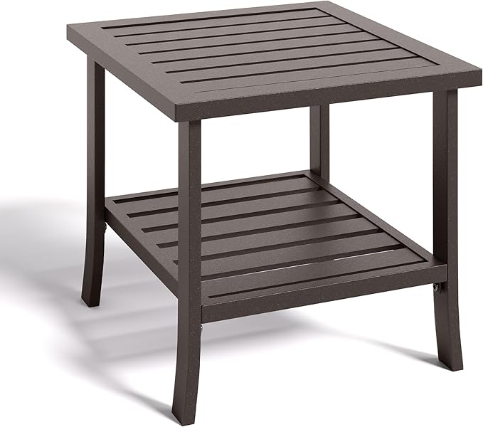Kiss the Water Metal Square Side Table, 2-Tier Outdoor Coffee Table, All-Weather Outdoor Side Table for Patio End Porch Backyard Garden, Khaki