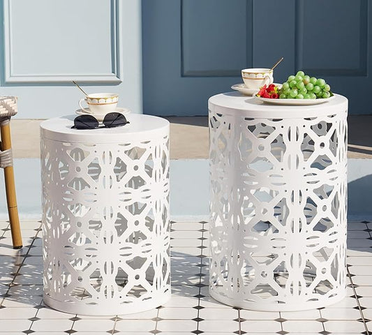 HFHOME Set of 3 Metal Outdoor Side Table, Nesting Round Coffee Table for Indoor Outdoor, Heavy Duty End Tables Plant Stand Living Room Garden Stool - White